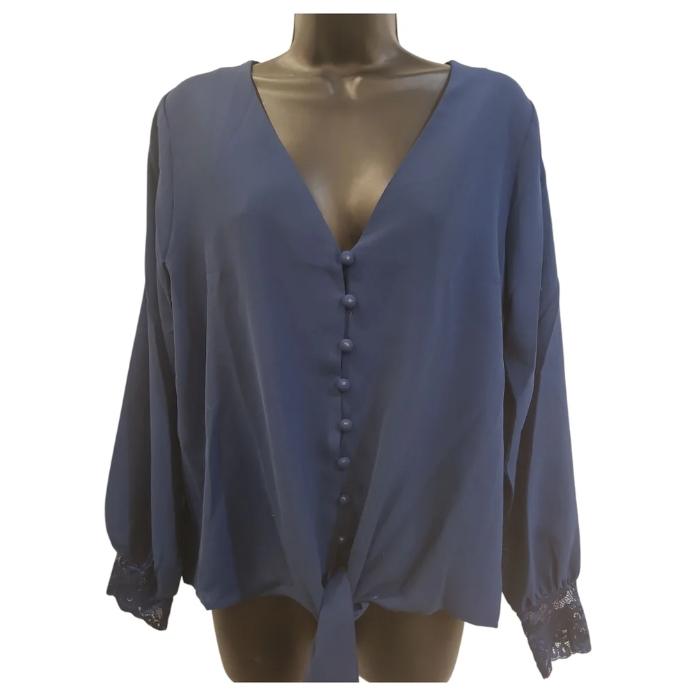 Blue Dolman Sleeve Buttoned Blouse